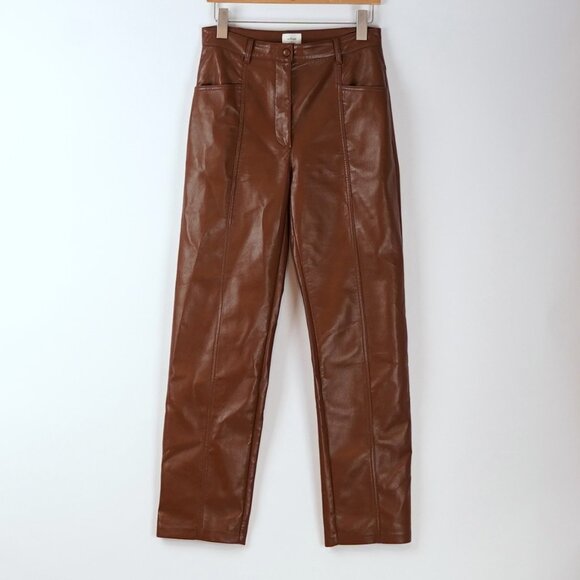 Aritzia Wilfred Rebel Vegan Leather Pants High Waisted Straight Leg Brown - 8 - Picture 1 of 9